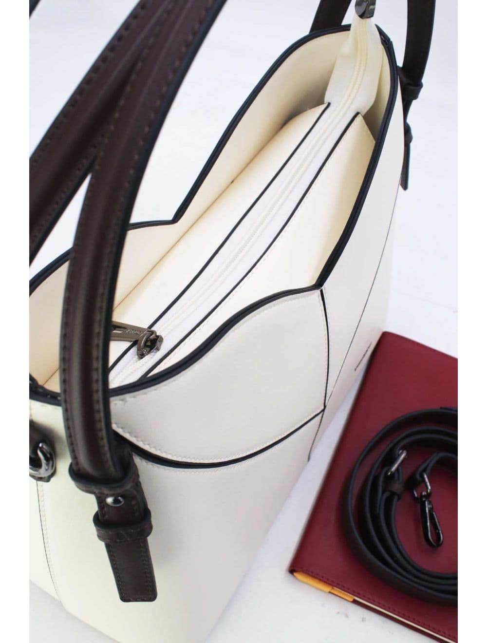 Sac Seau Structuré à Découpe Géométrique avec Double Anse 25B-6399-Beige/Coffee — vue 5