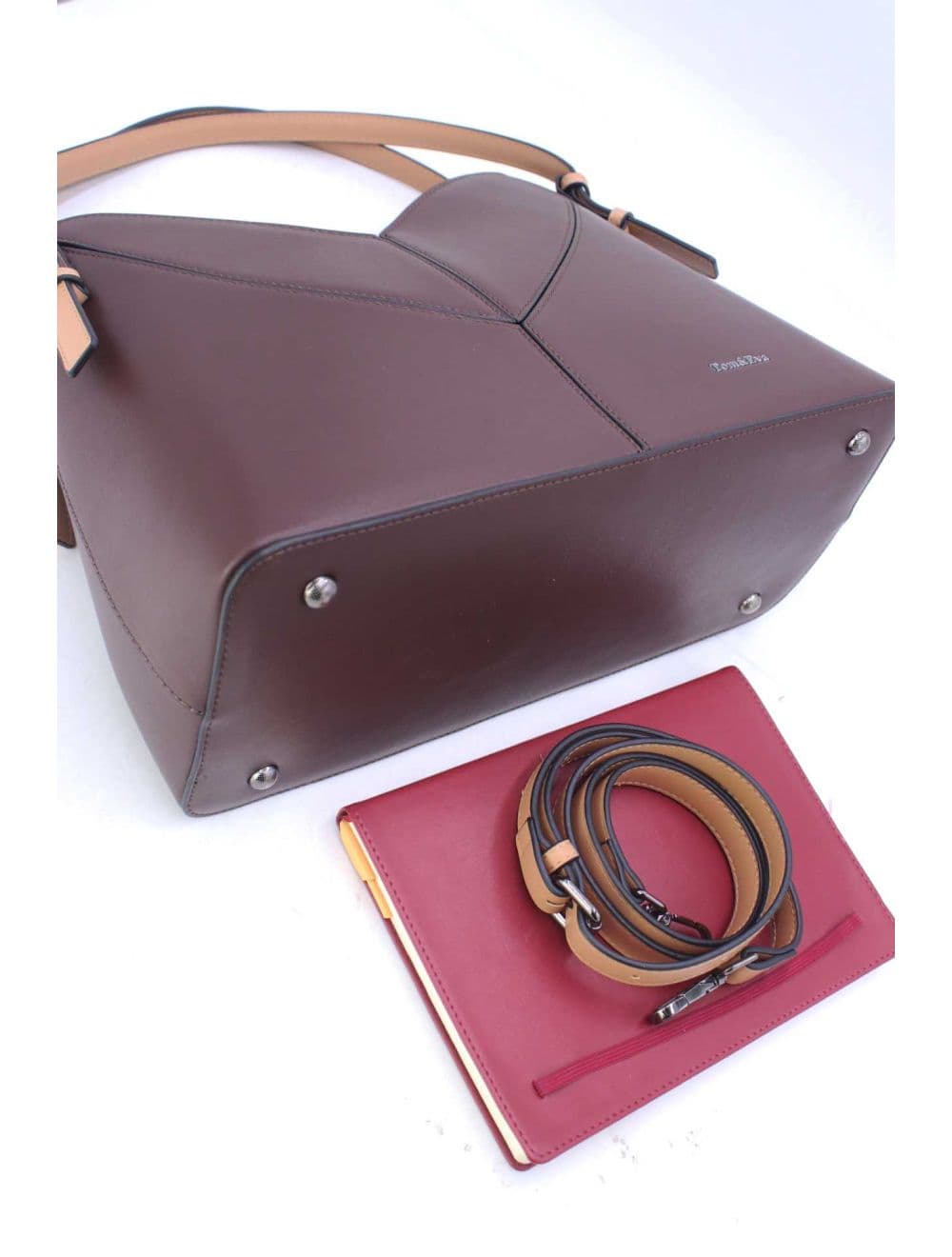 Sac Seau Structuré à Découpe Géométrique avec Double Anse 25B-6399-Coffee/Apricot — vue 5