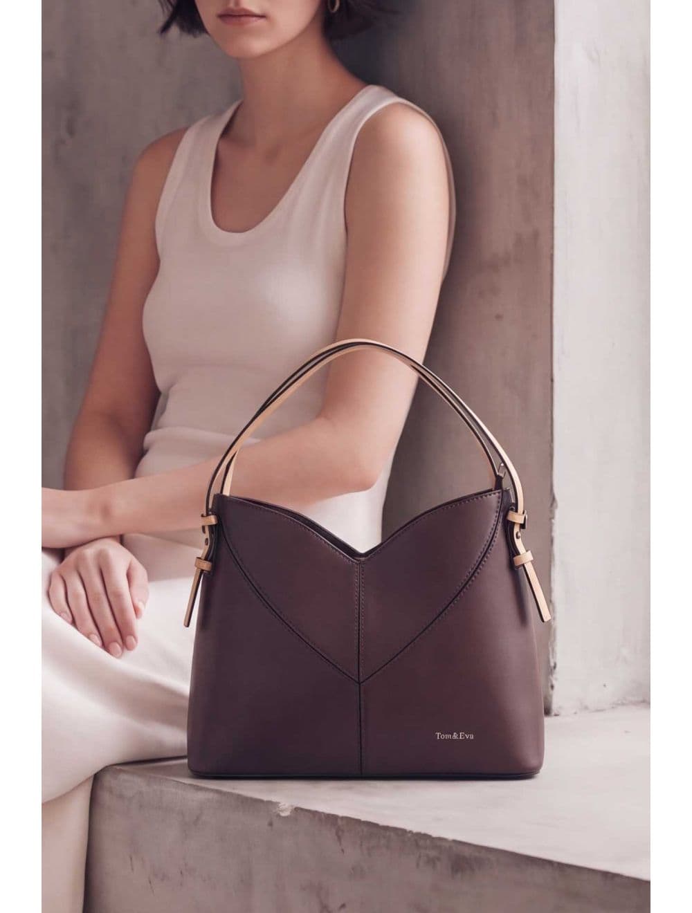 Sac Seau Structuré à Découpe Géométrique avec Double Anse 25B-6399-Coffee/Apricot — vue 6