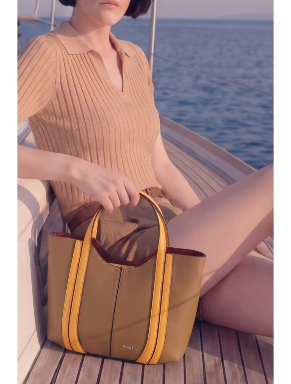 Sac à Main Effet Cuir Chic 25B-6374-Taupe/Yellow — vue 6