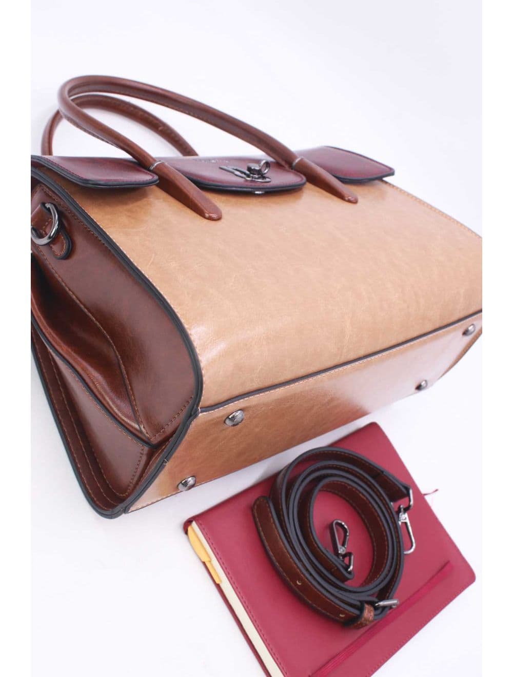 Sac à Main Effet Cuir Style Vintage RÉASSORT 24B-5866-Apricot/Coffee — vue 4