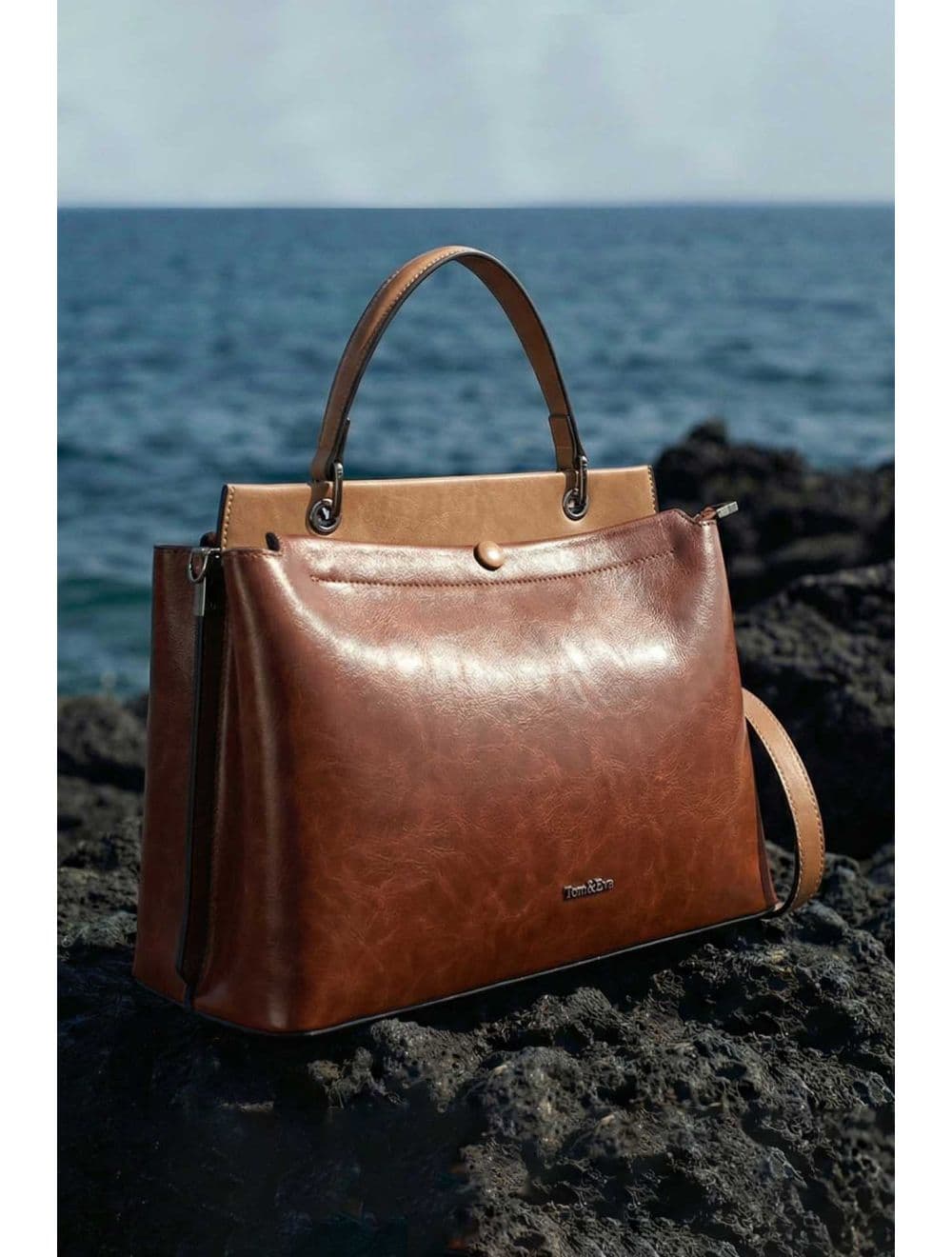 Sac à Main Effet Cuir Vernis Style Vintage 25B-6361-Coffee/Apricot — vue 6