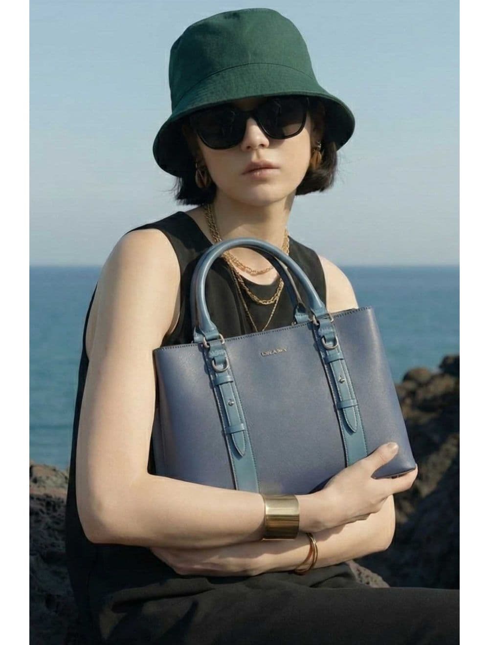 Grand Sac Ordinateur Femme Effet Cuir 25B-6351-Bleu — vue 6