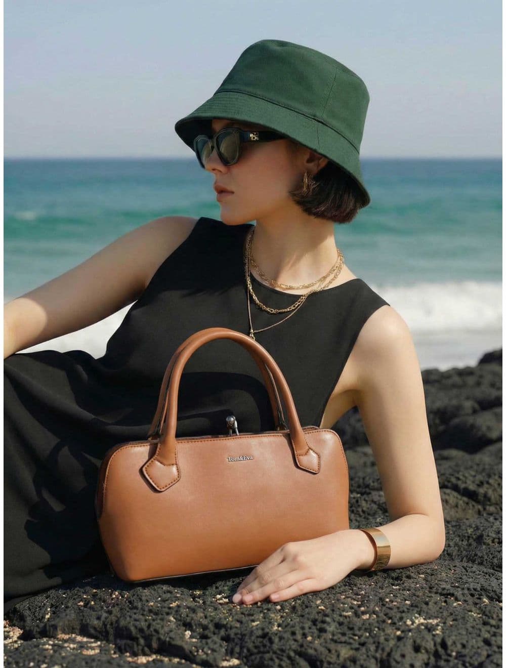 Sac Boston Plat à Fermoir Rétro Noir 25B-6371-Marron — vue 6