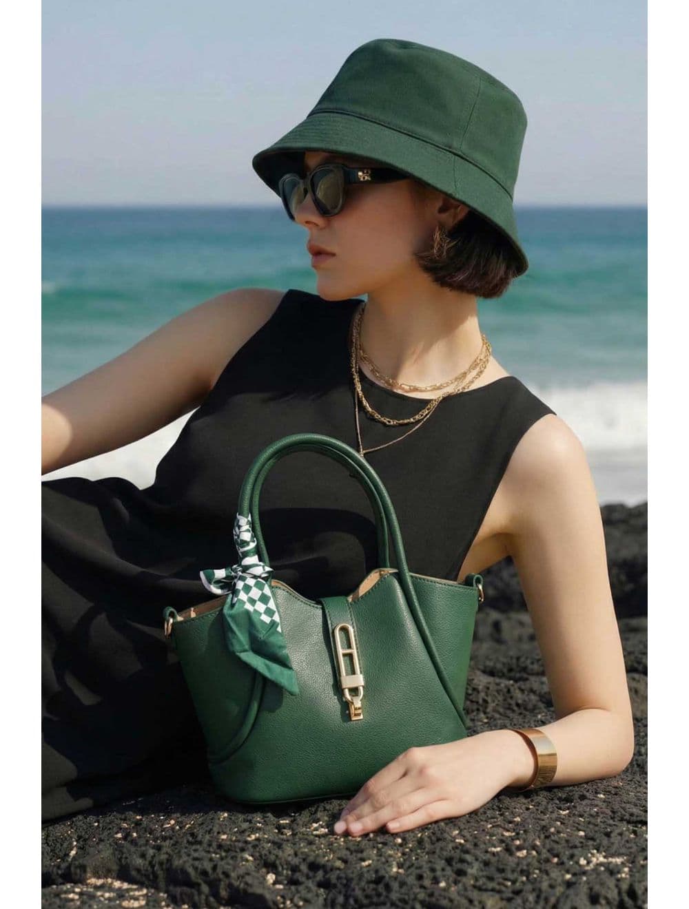 Sac à Main Trapèze Avec Bandeau En Soie 25B-6359-D.Green — vue 6