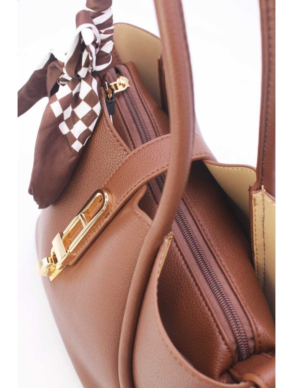 Sac à Main Trapèze Avec Bandeau En Soie 25B-6359-Café
