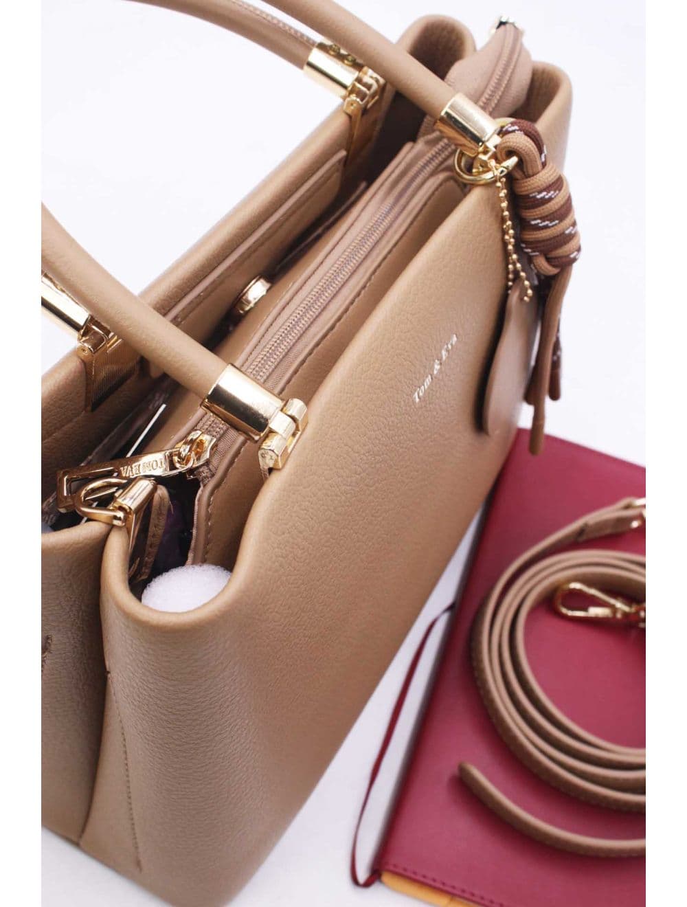 Medium Sac à Main Effet Cuir Avect Pendentifs 25B-6271-Kaki — vue 5