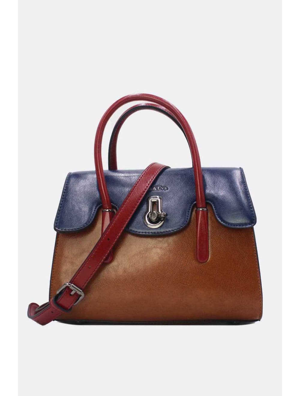 Medium Sac à Main Effet Cuir Vernis 25B-6294-Tan/Blue