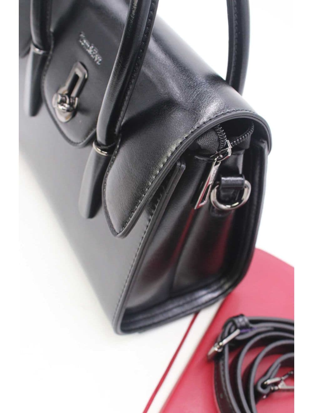 Medium Sac à Main Effet Cuir Vernis 25B-6294-Noir — vue 5