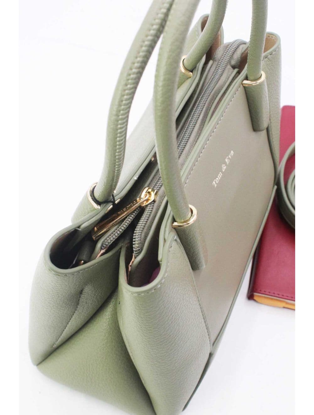Medium Sac à Main Effet Tissus Bi-matières RÉASSORT 25B-6193-Vert — vue 5