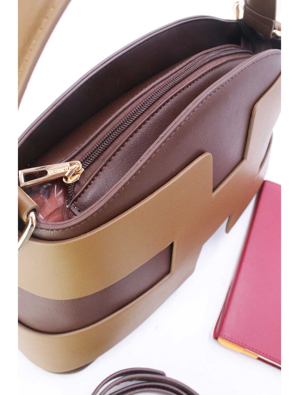 Sac à Main Effet Cuir Lisse Bicolore RÉASSORT25 24B-5862-Coffee/Khaki — vue 5