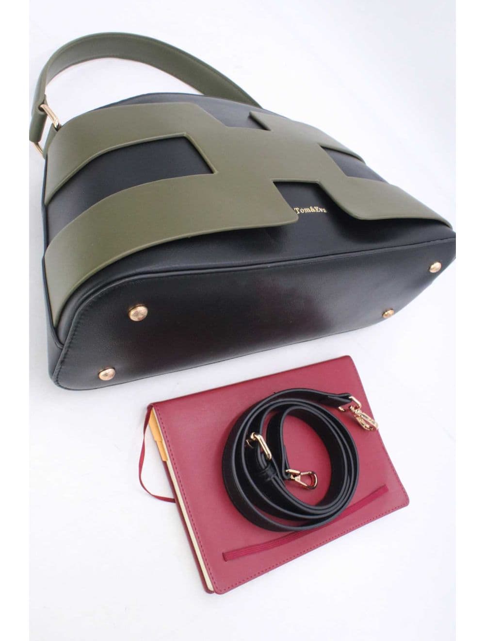 Sac à Main Effet Cuir Lisse Bicolore RÉASSORT25 24B-5862-Black/D.Green — vue 4