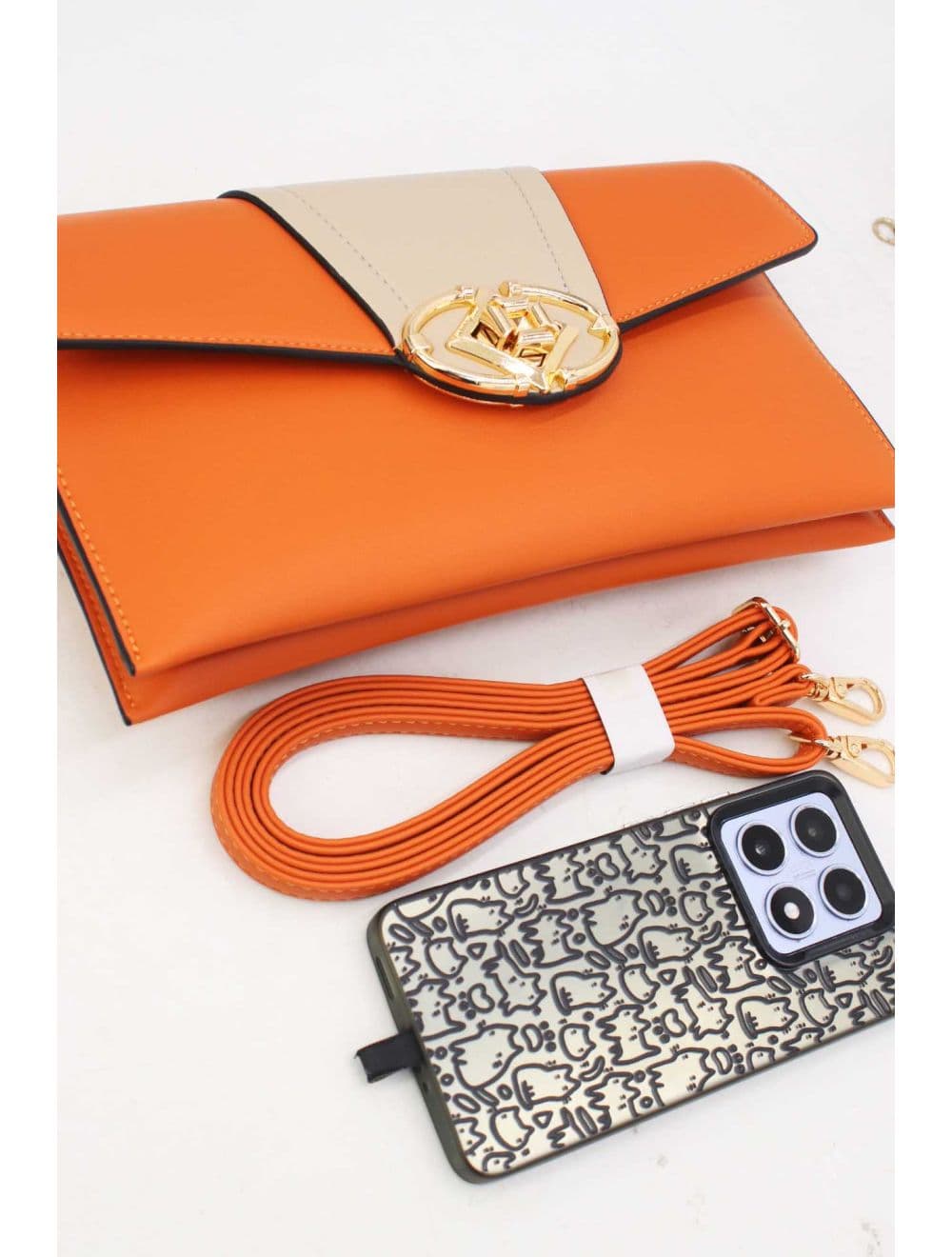 Pochette Bandoulière Effet Cuir Chic 25P-6305-Orange/Beige — vue 4