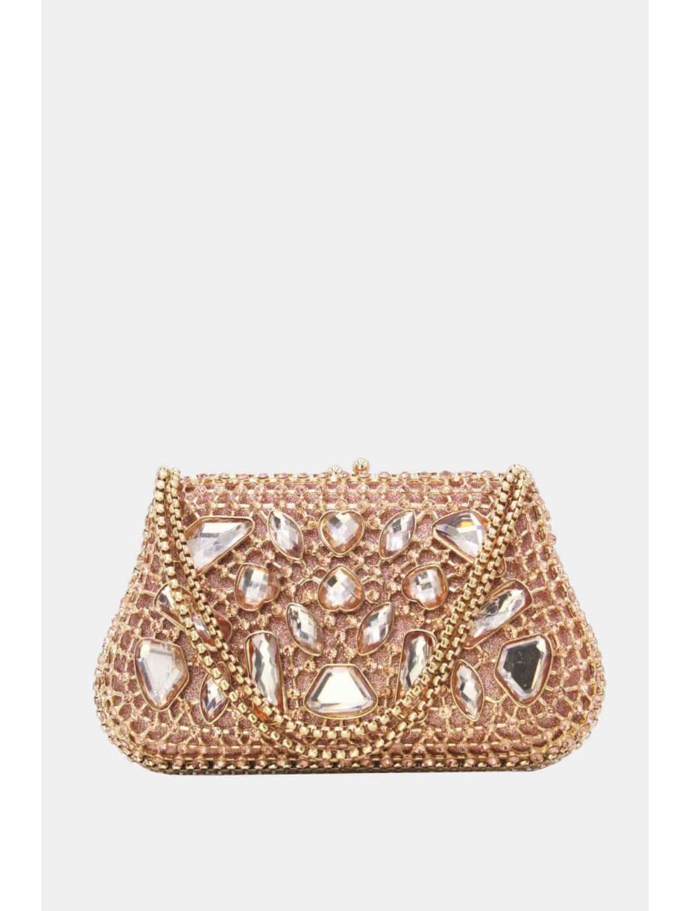 Pochette Soirée Strass avec Chainette Bandoulière R-3674-Champagne