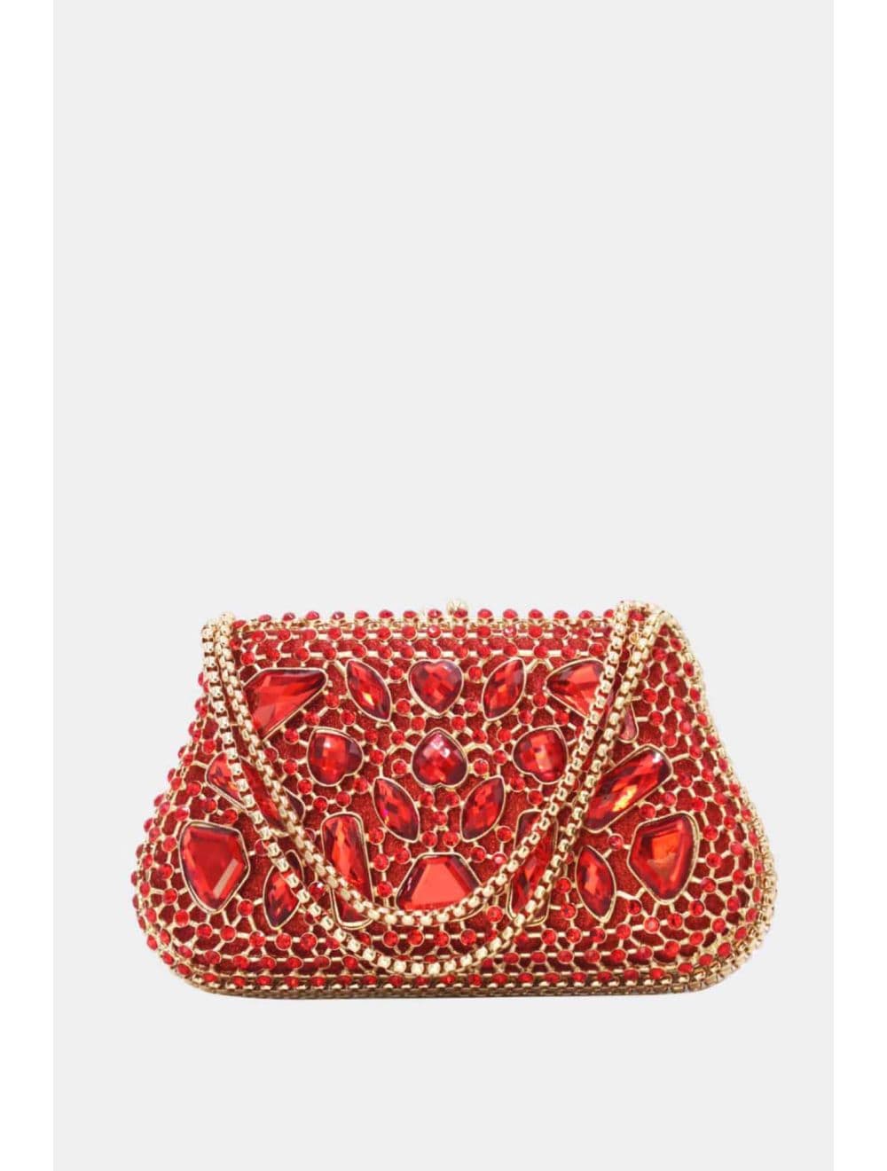 Pochette Soirée Strass avec Chainette Bandoulière R-3674-Rouge