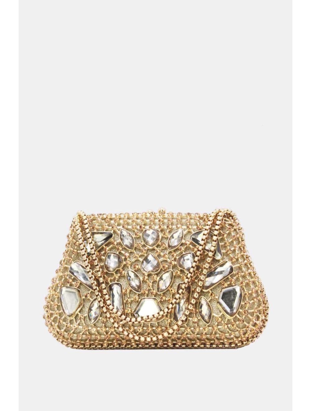 Pochette Soirée Strass avec Chainette Bandoulière R-3674-Doré