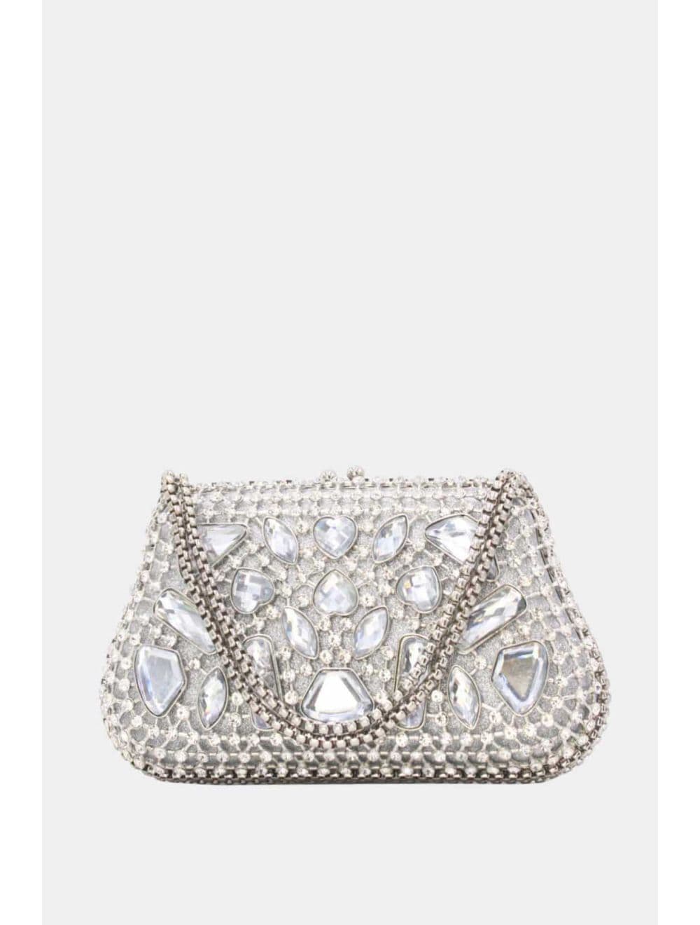 Pochette Soirée Strass avec Chainette Bandoulière R-3674-Argent