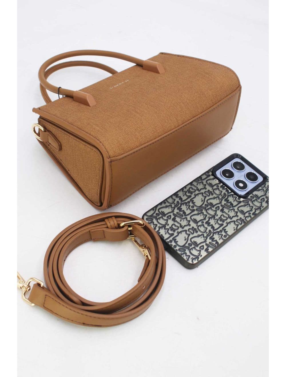Petit Sac à Main Rigide Effet Tissu 25P-6342-Marron — vue 4