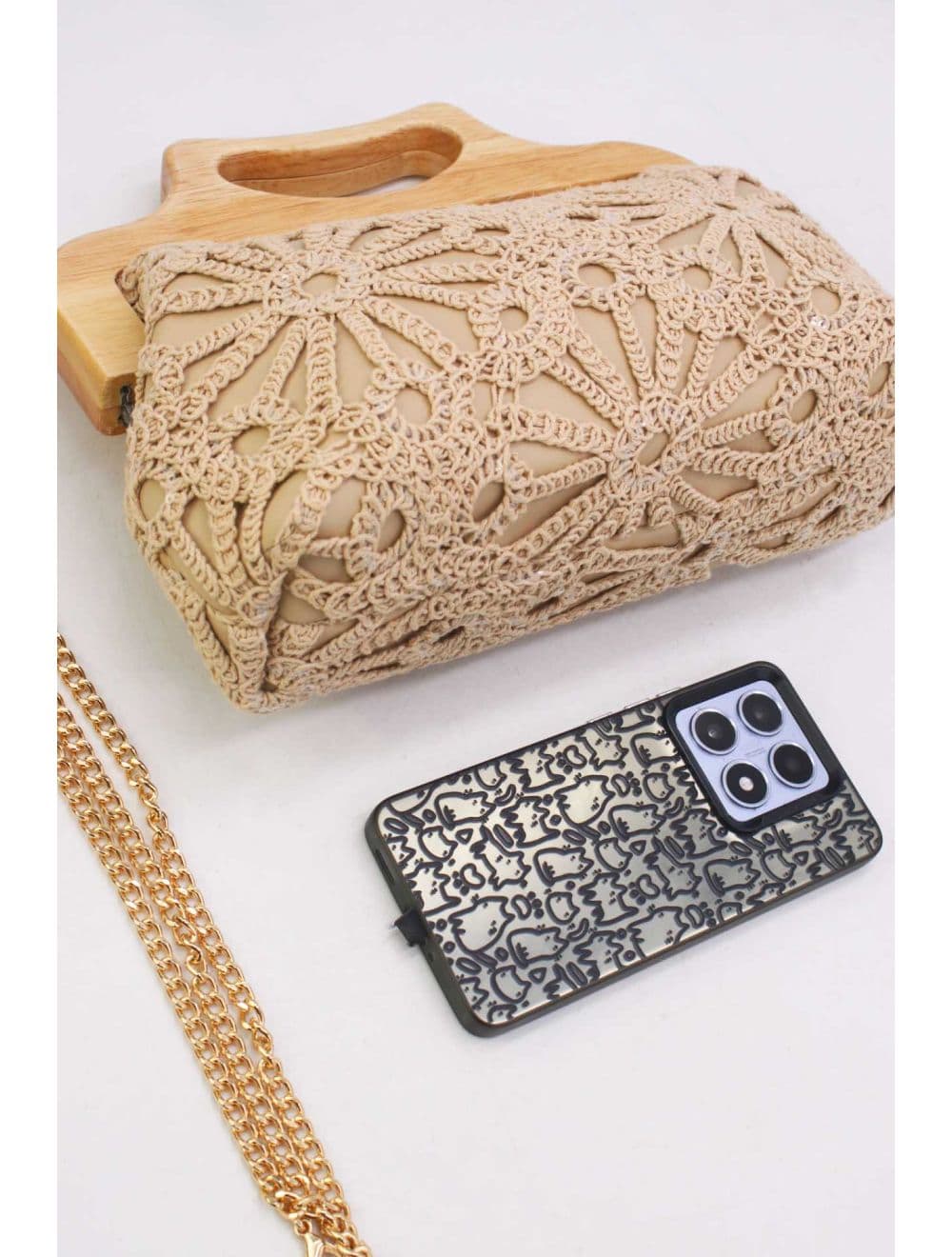 Pochette Effet Cuir et Crochet Artisanal M 25B-6279-Abricot — vue 4