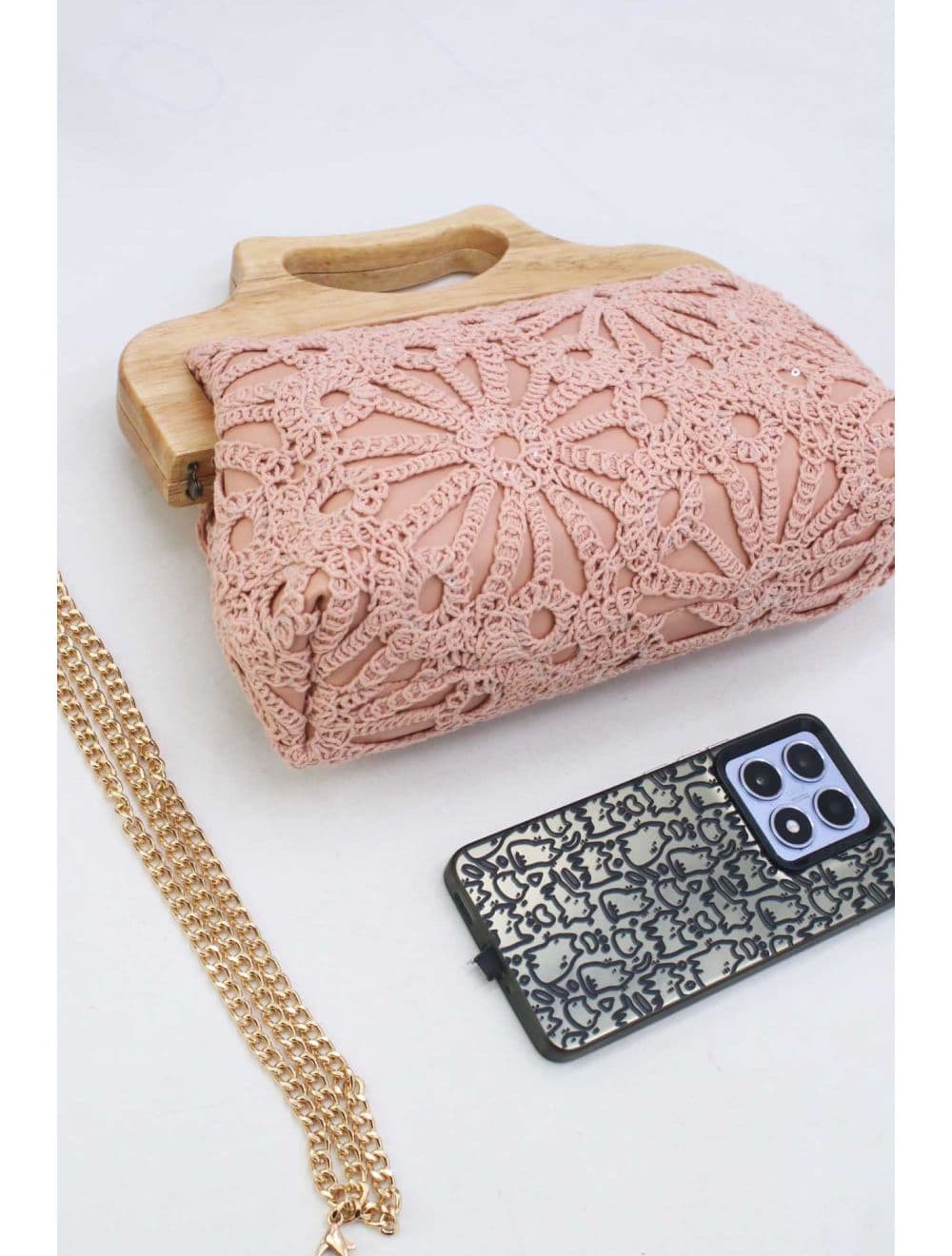 Pochette Effet Cuir et Crochet Artisanal M 25B-6279-Pink — vue 3