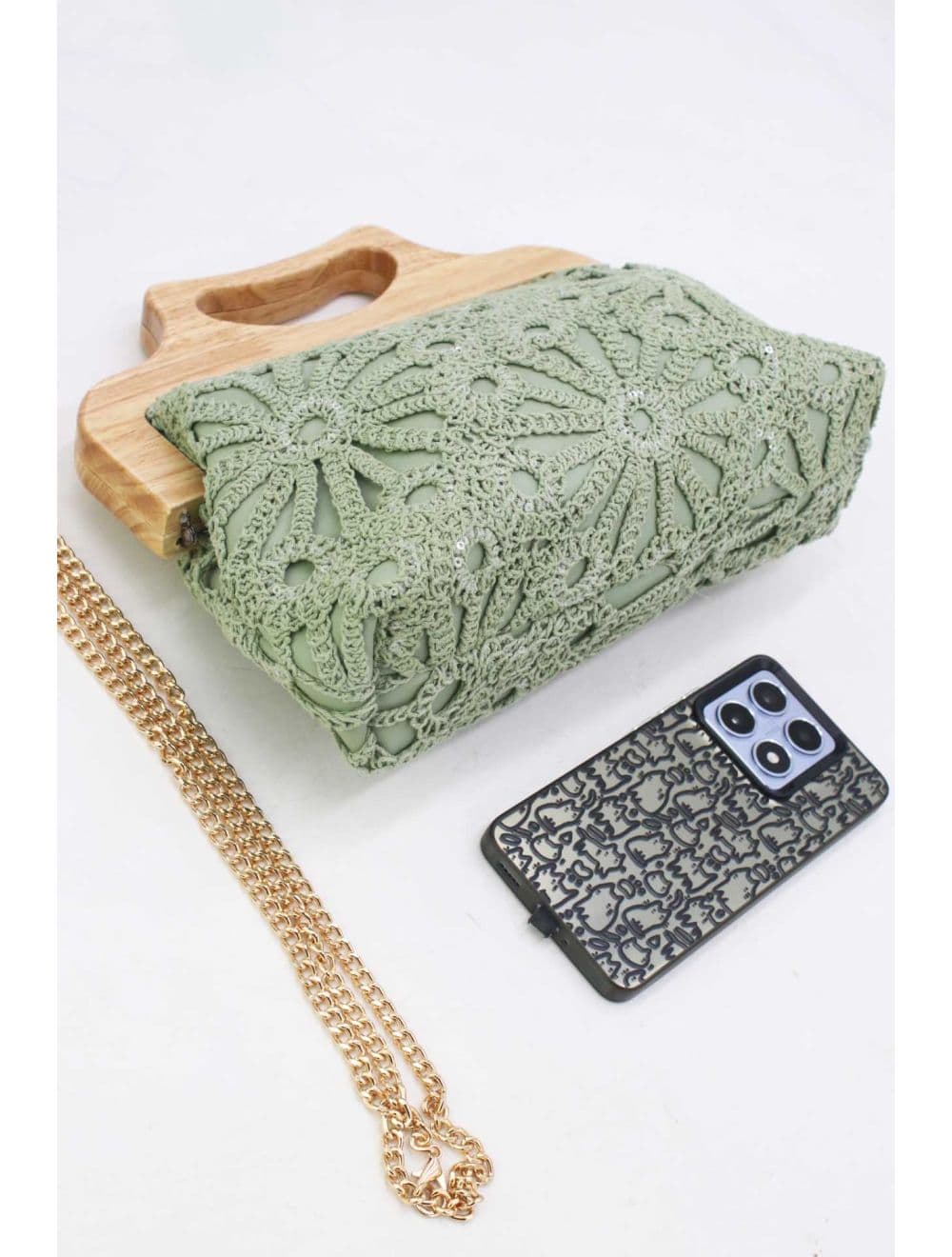 Pochette Effet Cuir et Crochet Artisanal M 25B-6279-Vert — vue 4