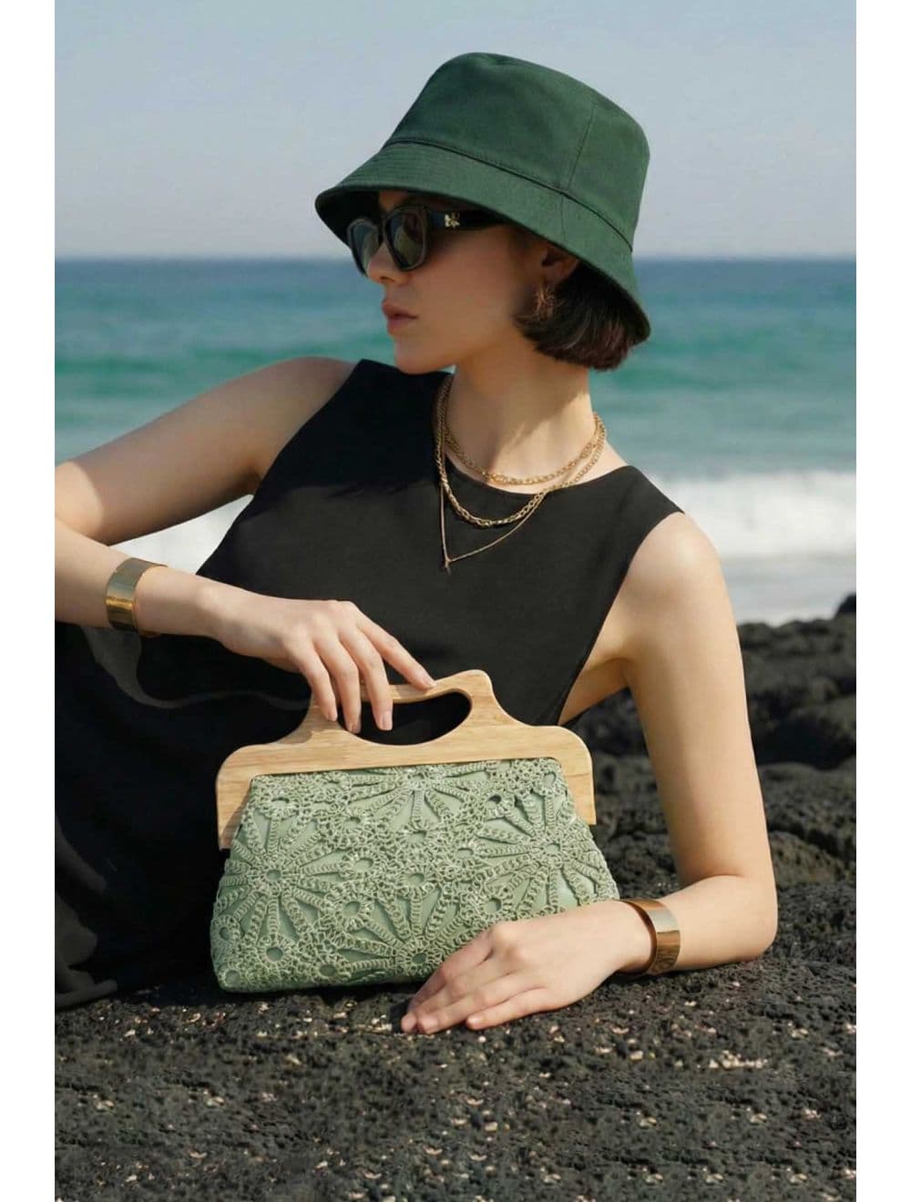 Pochette Effet Cuir et Crochet Artisanal M 25B-6279-Vert — vue 6