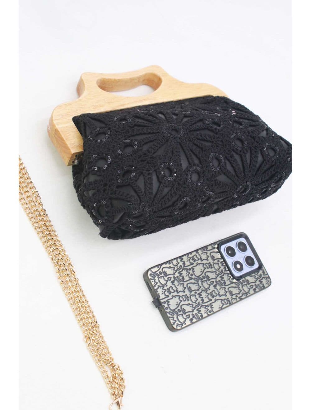Pochette Effet Cuir et Crochet Artisanal M 25B-6279-Noir — vue 4