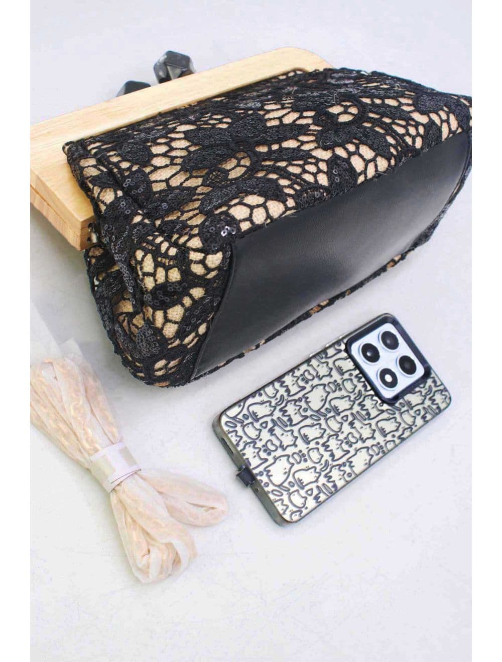 Pochette Dentelle En Cadre Bois M 25P-6255-Noir — vue 5