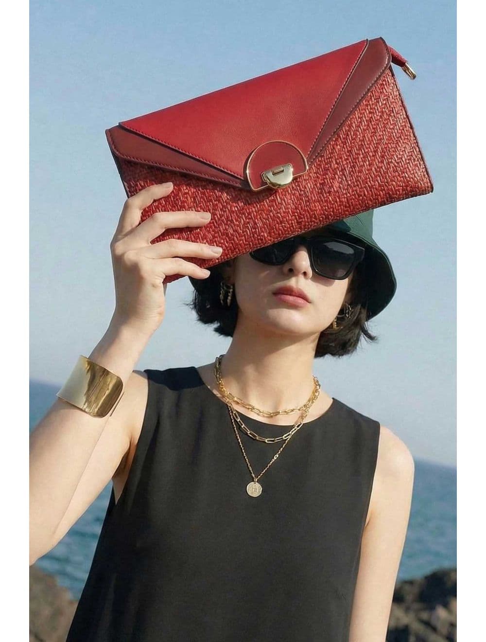 Pochette Bandoulière Effet Tressé RÉASSORT 24P-6099-Rouge