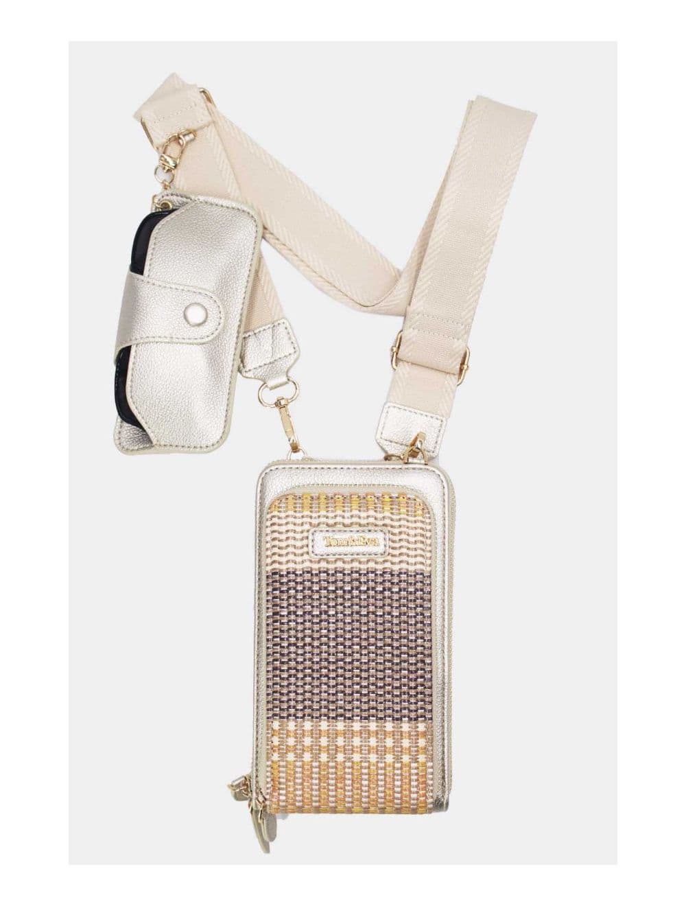 Pochette Téléphone Effet Paille Avec Porte Lunette 24P-5944-Doré