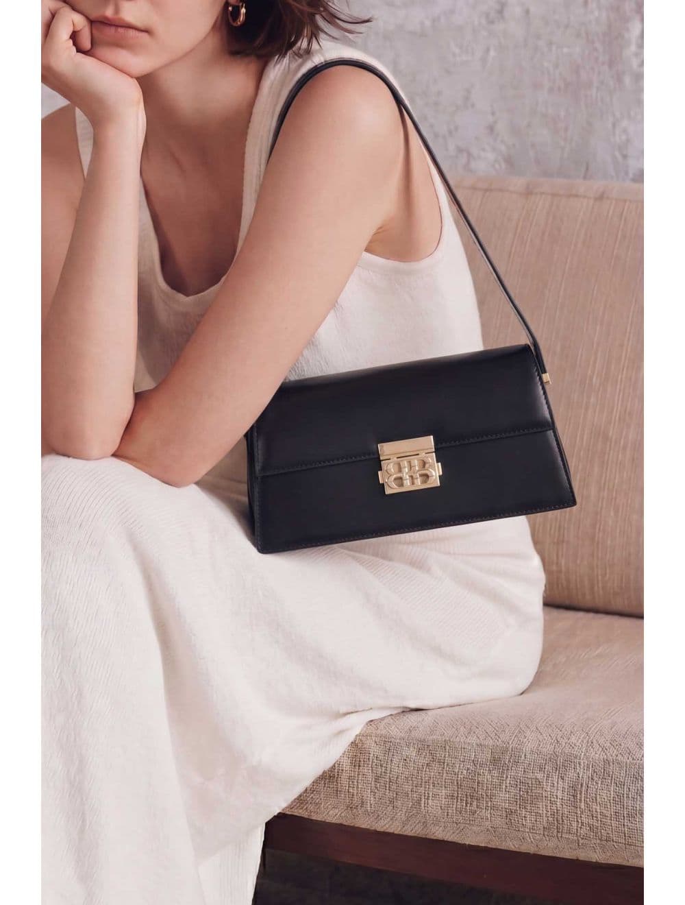 Sac Baguette Porté Épaule Effet Cuir Lisse Minimaliste 25P-6357-Noir — vue 6