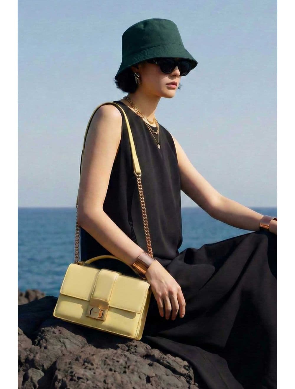 Sac à Bandoulière Effet Cuir Fermoir Bronze 25P-6340-Jaune