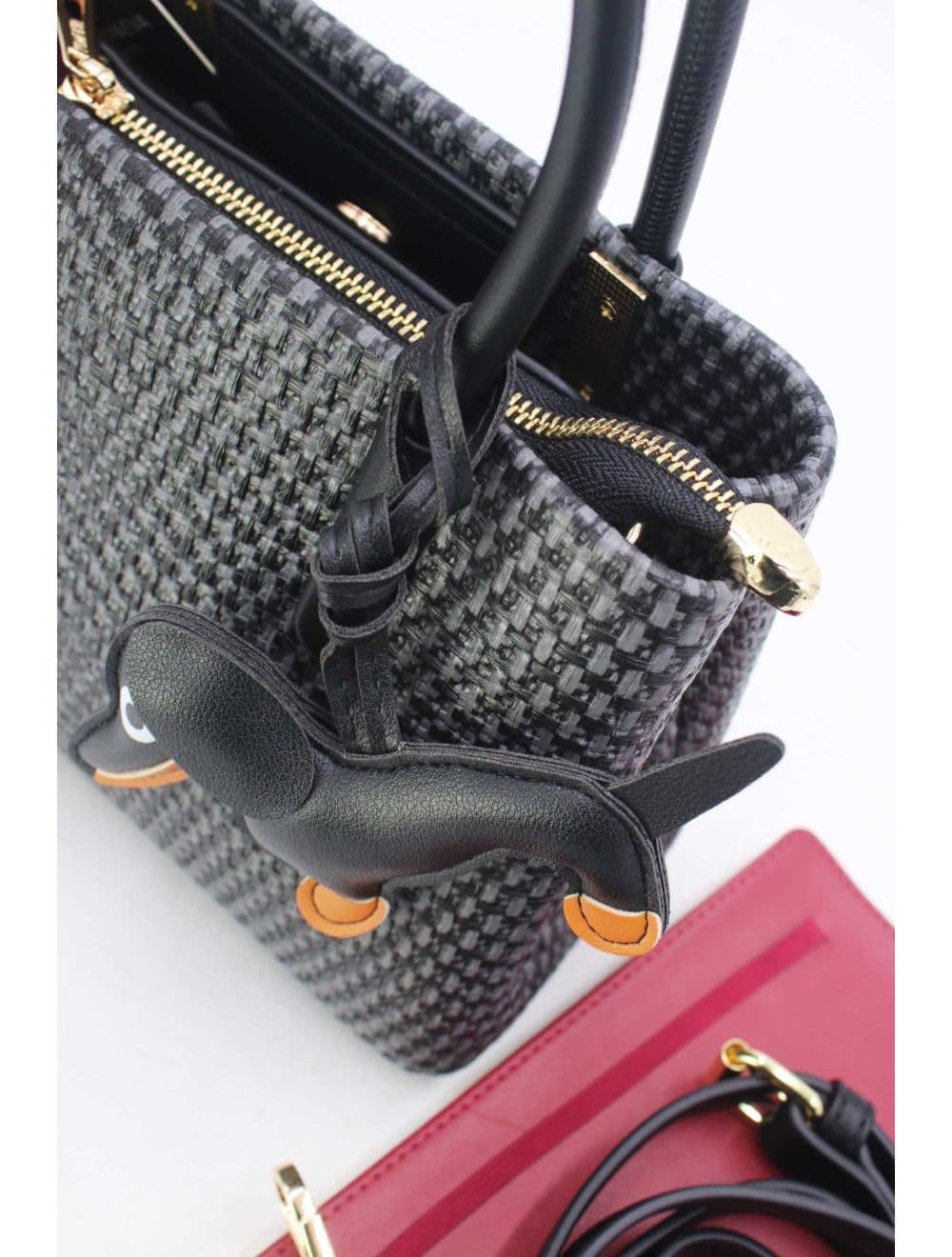 Petit Sac à Main Effet En Paille Avec Pendentif 25P-6275-Noir — vue 5