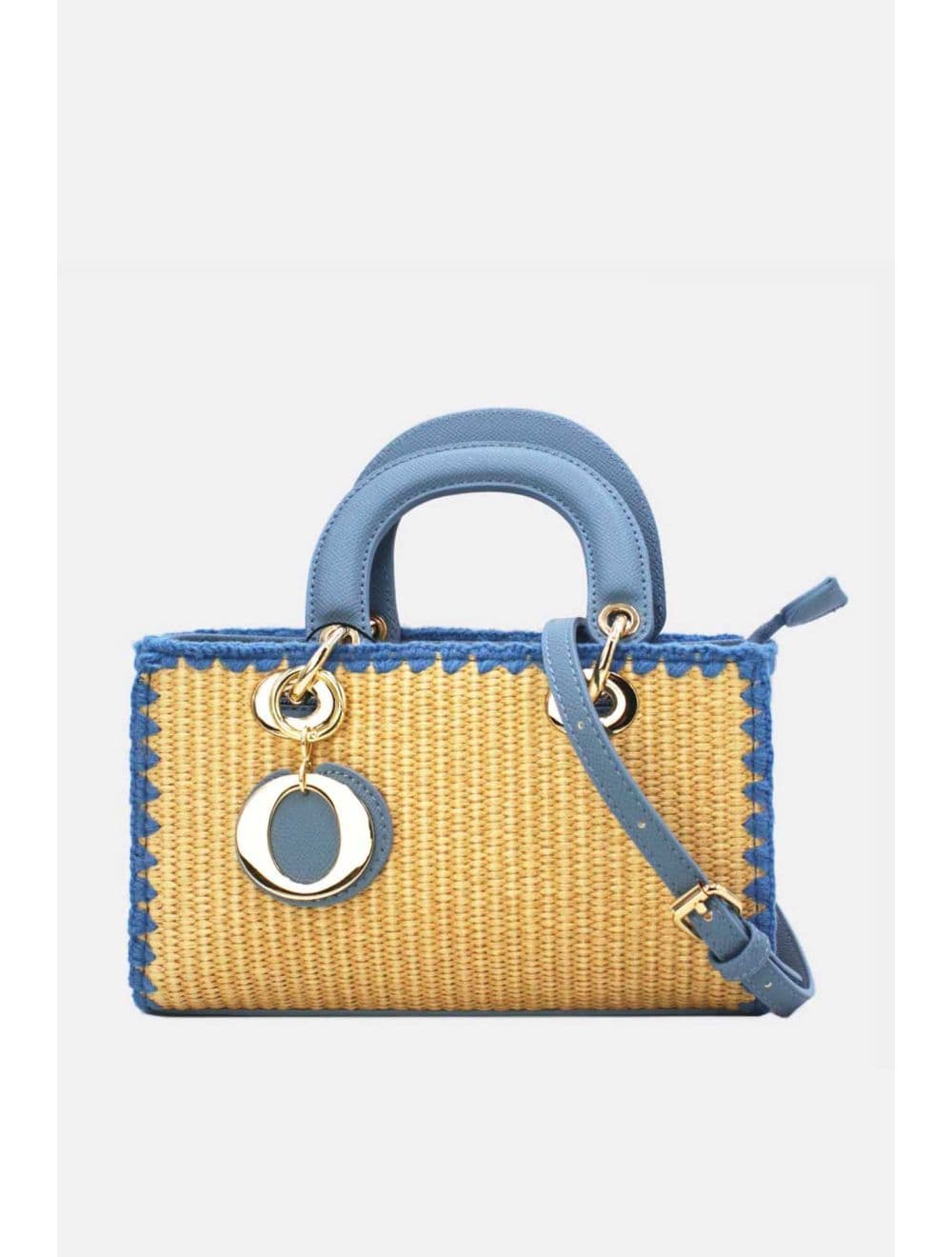 Petit Sac à Main Effet En Paille Avec Pendentif 25P-6280-Bleu