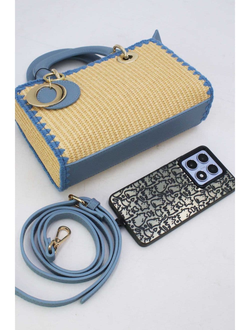Petit Sac à Main Effet En Paille Avec Pendentif 25P-6280-Bleu — vue 4