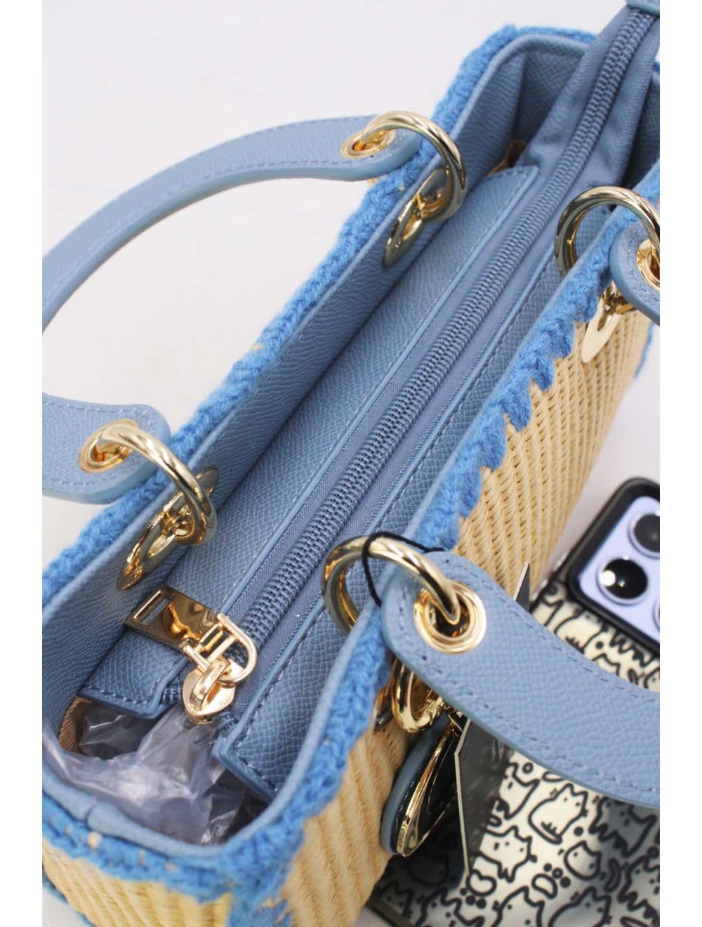 Petit Sac à Main Effet En Paille Avec Pendentif 25P-6280-Bleu — vue 5