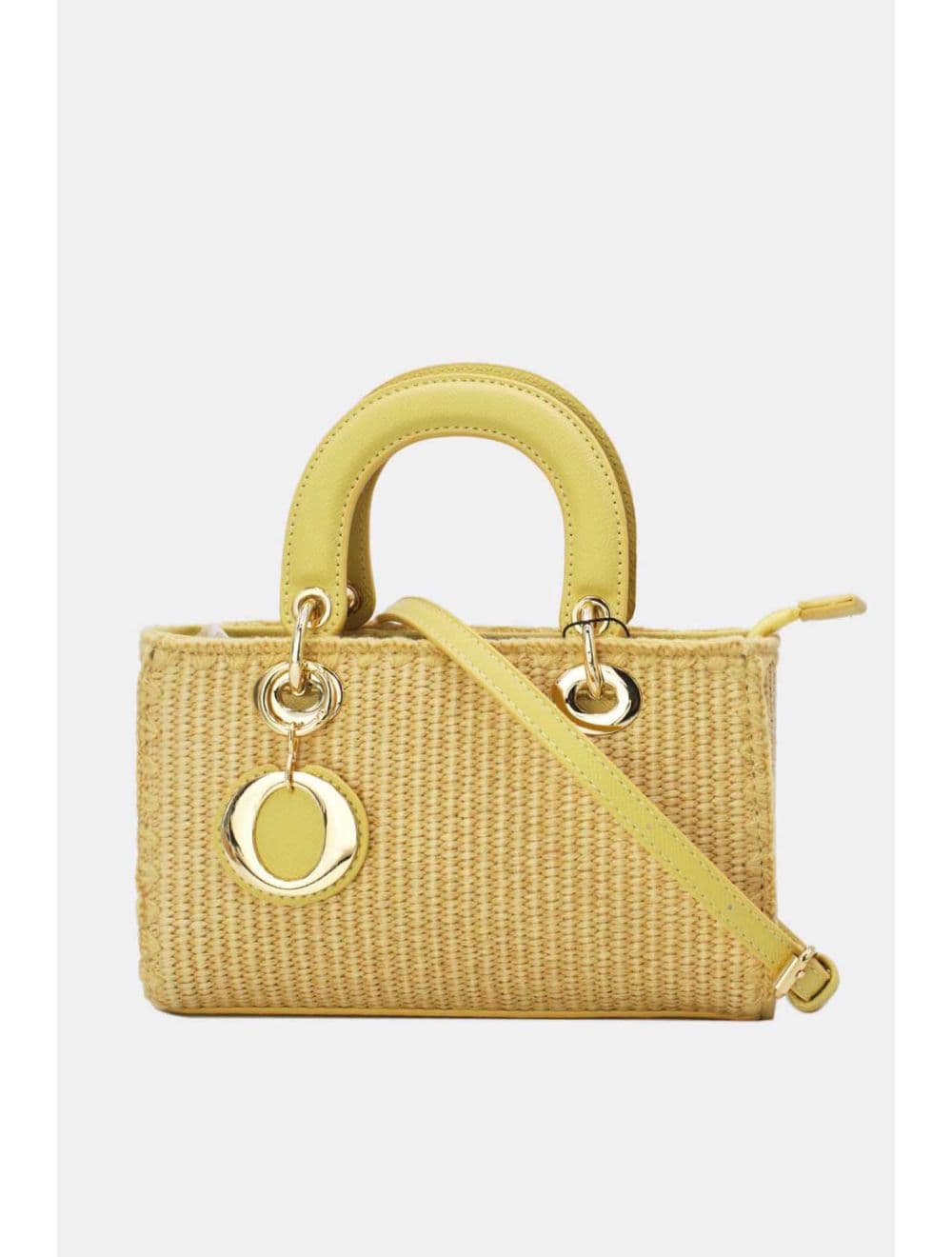 Petit Sac à Main Effet En Paille Avec Pendentif 25P-6280-Jaune