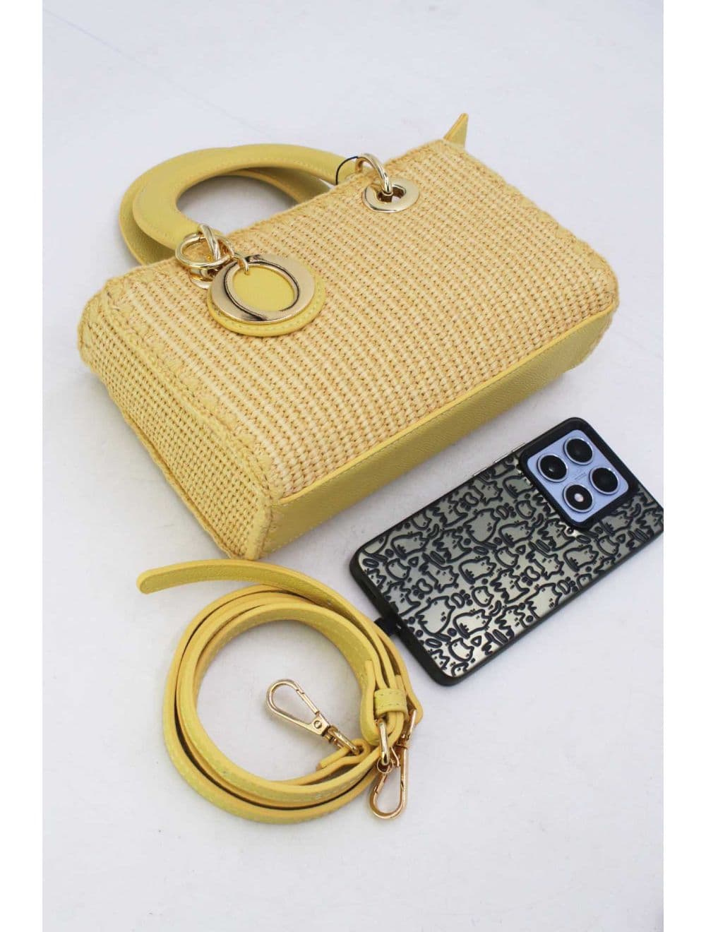 Petit Sac à Main Effet En Paille Avec Pendentif 25P-6280-Jaune — vue 4