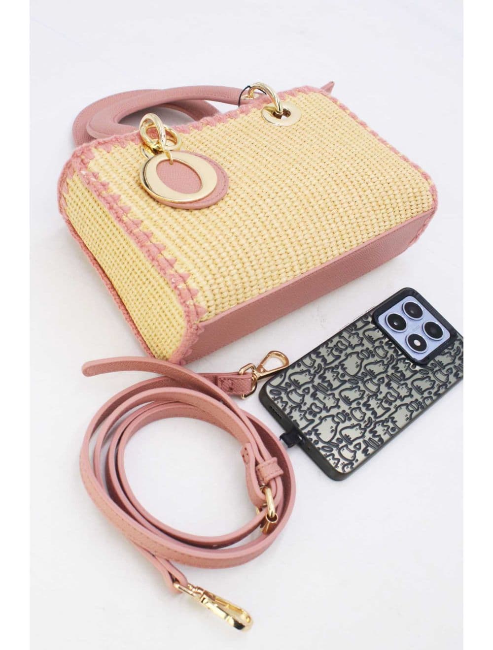 Petit Sac à Main Effet En Paille Avec Pendentif 25P-6280-Pink — vue 4