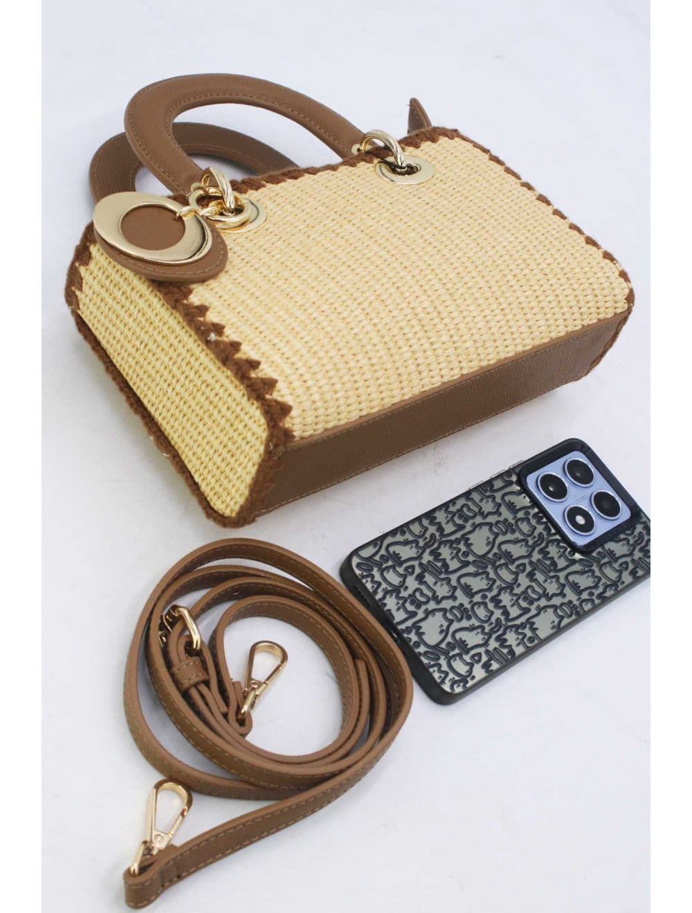 Petit Sac à Main Effet En Paille Avec Pendentif 25P-6280-Kaki — vue 4