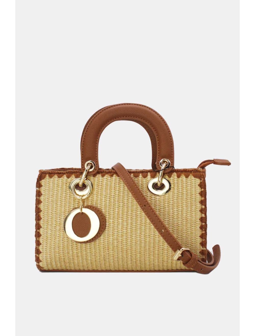 Petit Sac à Main Effet En Paille Avec Pendentif 25P-6280-Marron
