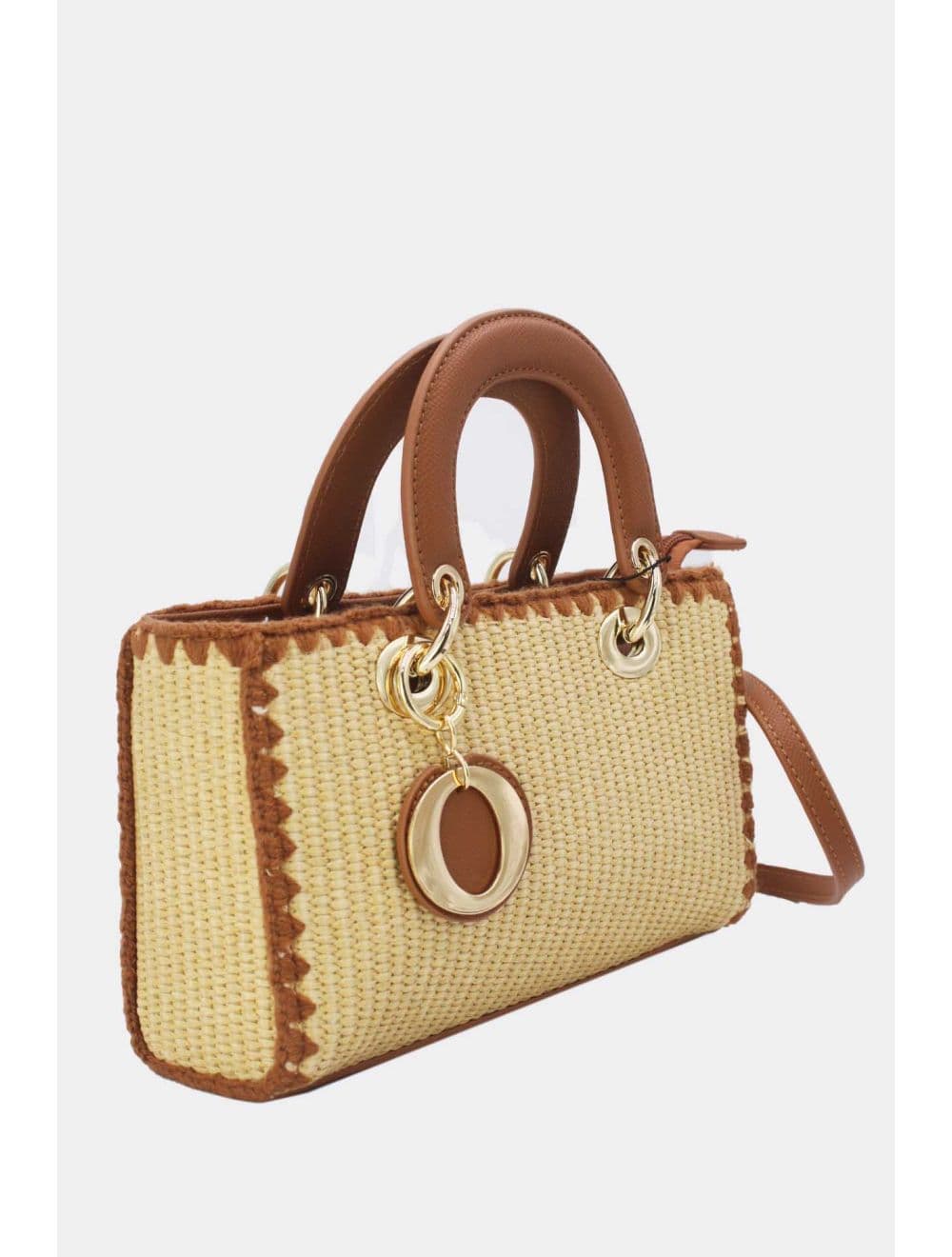 Petit Sac à Main Effet En Paille Avec Pendentif 25P-6280-Marron — vue 2