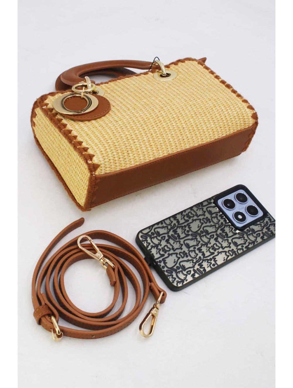 Petit Sac à Main Effet En Paille Avec Pendentif 25P-6280-Marron — vue 4