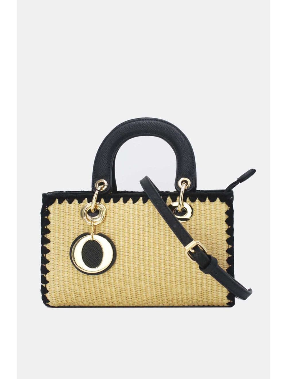 Petit Sac à Main Effet En Paille Avec Pendentif 25P-6280-Noir