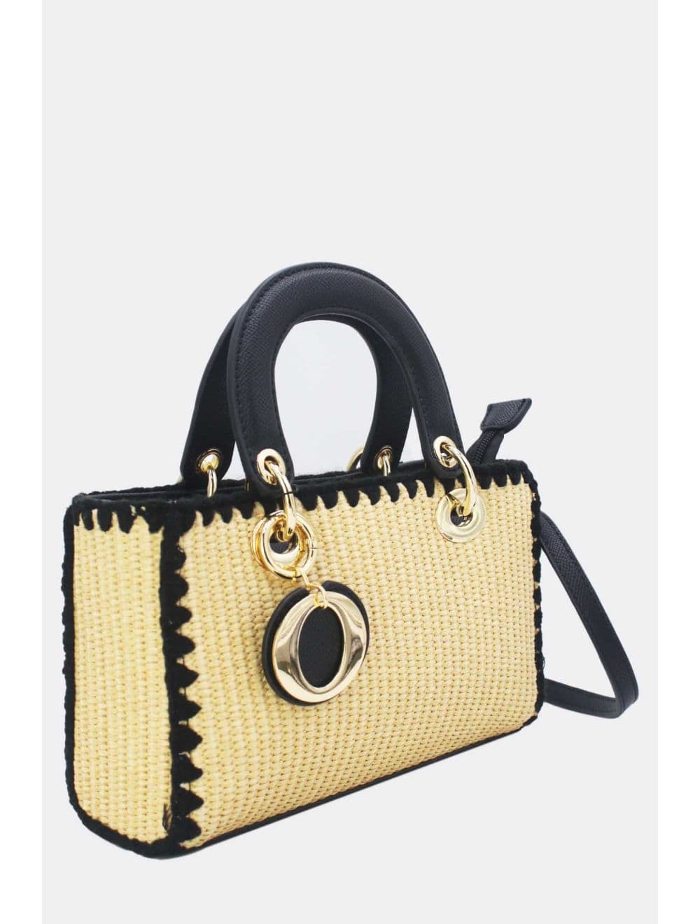 Petit Sac à Main Effet En Paille Avec Pendentif 25P-6280-Noir — vue 2