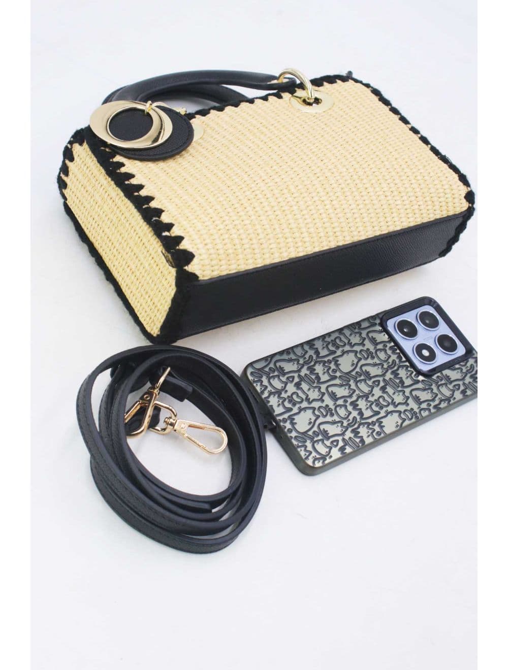Petit Sac à Main Effet En Paille Avec Pendentif 25P-6280-Noir — vue 4
