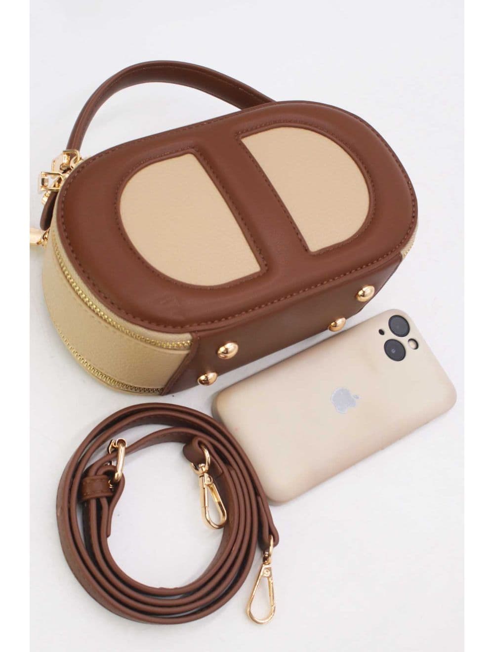 Mini Sac à Main Boîte Effet Cuir Et Tissu RÉASSORT 24P-5998-Apricot/Brown — vue 4