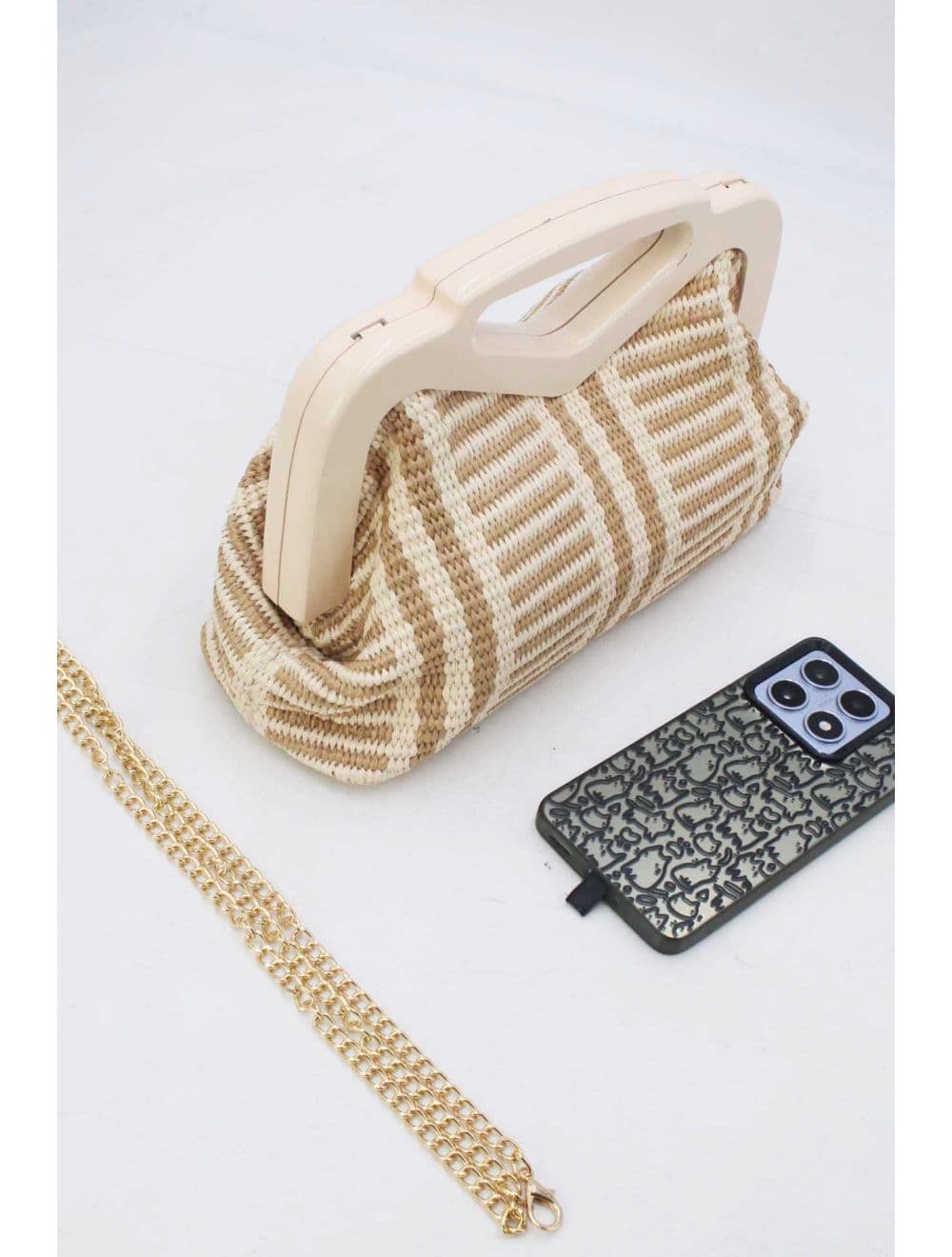 Pochette Tressé Anse En Bois 23P-5768B-Apricot/Beige — vue 4