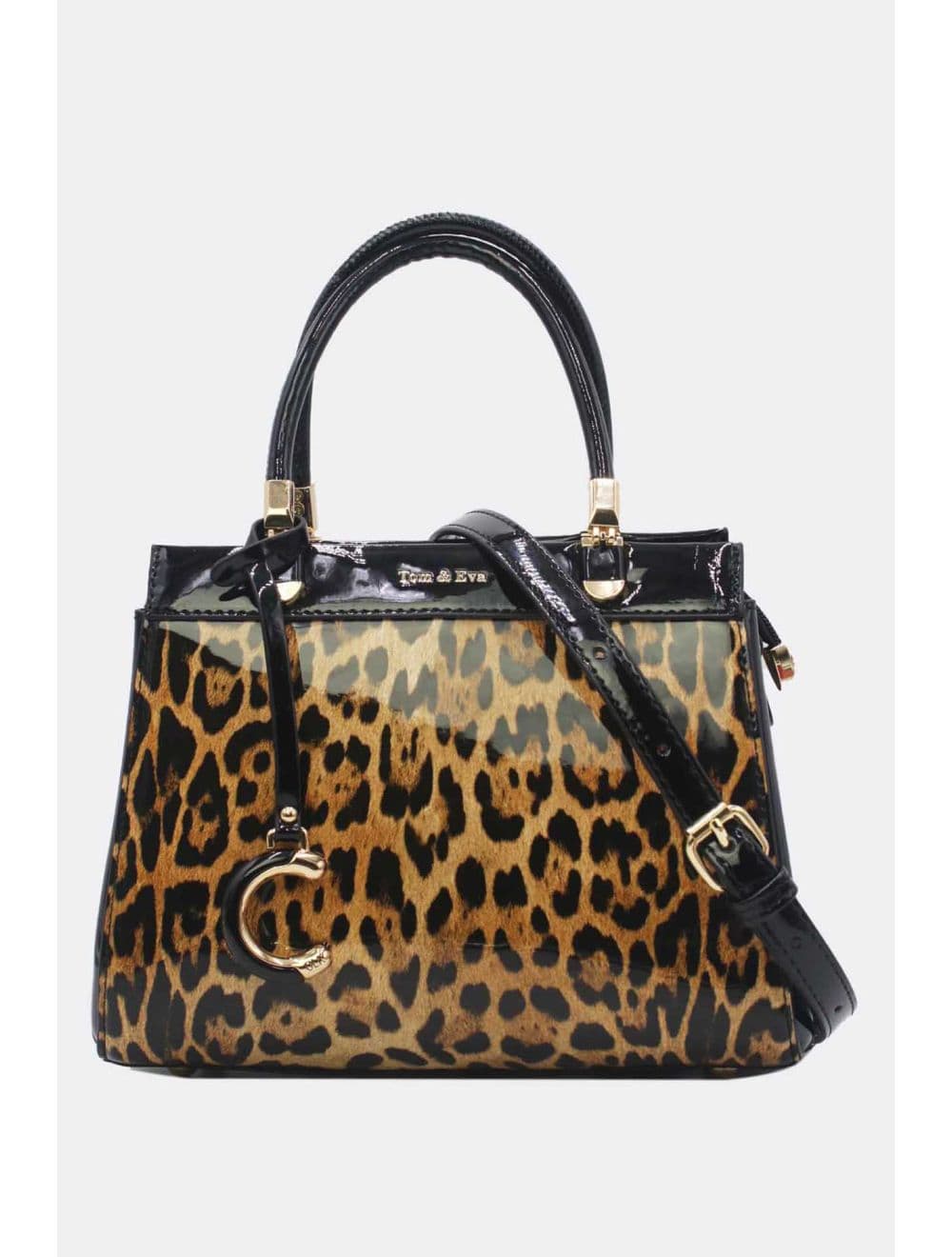 Medium Sac à Main Vernis Léopard 25B-6273-Black/Apricot