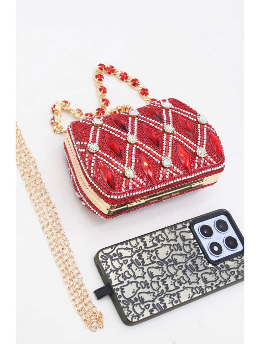 Pochette Soirée Strass Avec Chaîne 25BW-3535-Rouge — vue 5